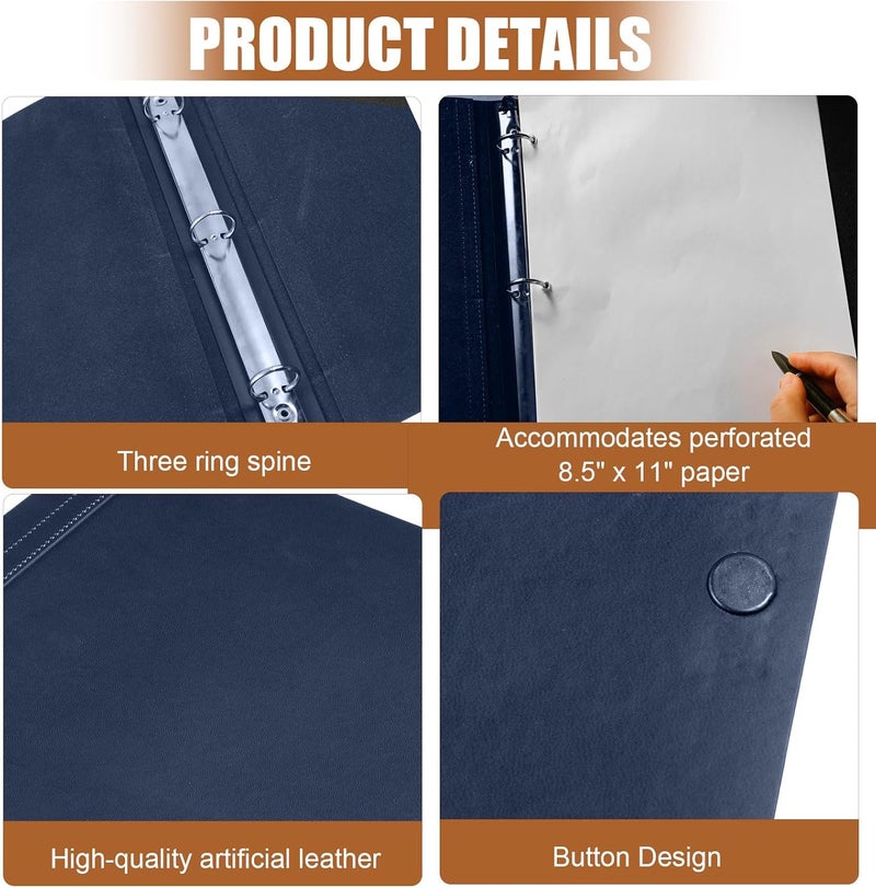Teling 1 Pcs Leather 3 Ring Binder Holds 8.5 x 11 Inch Paper Binder Organizer Vintage Faux Leather Portfolio Folder Planner for Office Home Document Photo Diary Supplies (Navy Blue) - Image 3
